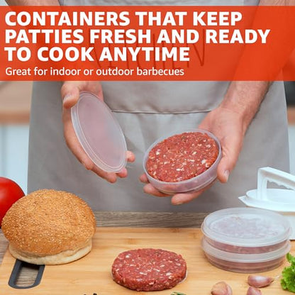 Hamburger Press Patty Maker - 4 in 1, Burger Mold, Patty Press, 10 Storage Containers, 100 Round Papers - Hamburger Patty Maker Tool for BBQ - Burger Shaper for Meat, Veggie Patties