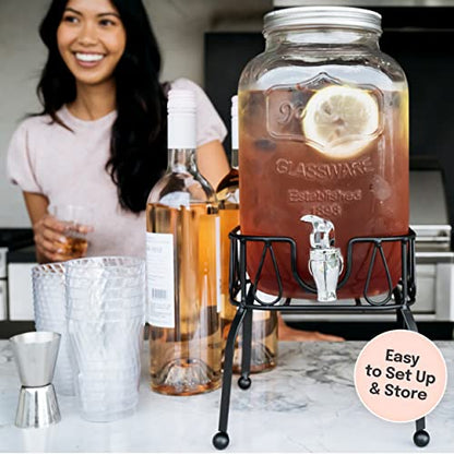 Estilo Gallon Drink Dispenser with Stand - Glass Beverage Dispenser with Stand for Weddings - Sun Tea Jar with Spigot 1 Gallon - Countertop Glass Water Dispenser for Lemonade and Parties - style: Single w/ Stand