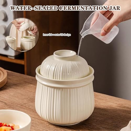 Simple Vertical Striped Kimchi Jar, Water Seal Design Pickling Crock, Thickened Ceramic Fermentation Jar, Grain Storage Vessel