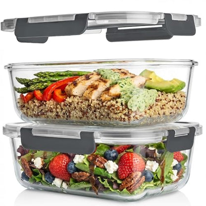 Razab 2 Pcs 1860ml / 63 Oz Large Glass Food Storage Containers with Lids - Glass Meal Prep Containers with Locking Lids for Roasting, Storing Leftover, Lunch Container, BPA Free, Microwave & Oven Safe - color: Gray