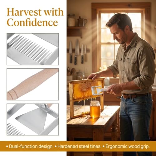 2-in-1 Beekeeping Uncapping Fork & Scraper, Stainless Steel Honey Harvesting Tool with Wooden Handle for Beehive