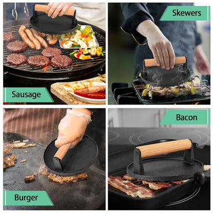 HaSteeL Cheese Melting Dome & Burger Press, Stainless Steel Basting Steaming Cover & Round Cast Iron Bacon Press, Ideal for Flat Top Griddle Grill Hibachi Stove Barbecue, Heavy Duty & Easy to Clean - style: Rectangular Lid & 7" Press
