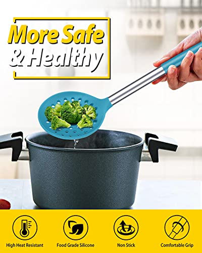 Kitchen Ladle Strainer Set of 2 Large Slotted Spoon with High Heat Resistant BPA Free Non Stick Cooking Skimmers For Draining and Frying (Grey and Teal Blue) - color: Grey and Teal Blue