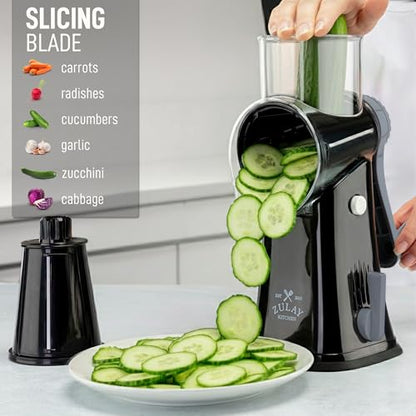 Zulay Kitchen Rotary Cheese Grater 5 Blade Cheese Shredder - Manual Hand Crank Cheese Grater With Reinforced Suction & 5 Interchangeable Drums - Easy to Use, Vegetable Chopper Round Mandoline Slicer - color: Black Gray
