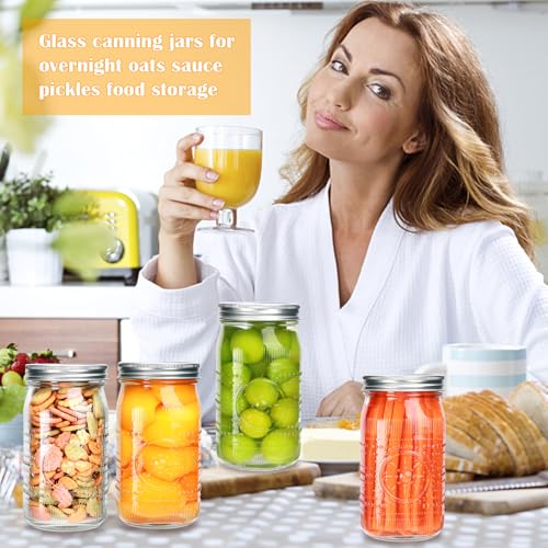 32 oz Wide Mouth Mason Jars with Lids and Bands, 12 Pack Clear Glass Canning Jars for Fermenting, Preserving, Quart Size Large Mason Jars for Jam, Pickling, Meal Prep, DIY Crafts