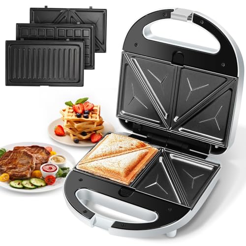 Aigostar Sandwich Maker Panini Press Grill, 3 in 1 Waffle Maker with Removable Non-stick Plates, Electric Grilled Cheese Maker, Portable Cool Touch Handle, Led Indicator Lights & Easy to Clean, 750W - color: Grey
