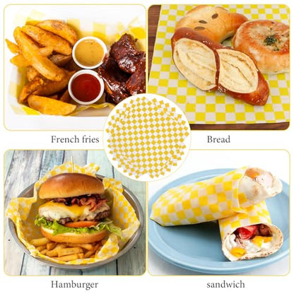 200 Pcs Wax Paper Sheets for Food Deli Wrap Paper Sheets 8.5x8.5"Food Basket Liners Checkered Square Sandwich Wraps for Burgers Bread Restaurant Barbecue Picnic(Yellow) - color: Yellow