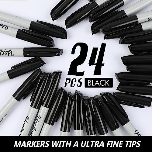Ultra Fine Point Black Permanent Markers, 24 Pack Ultra Fine Point Black Permanent Marker set, Works on paper, Plastic, Stone, Glass, Metal