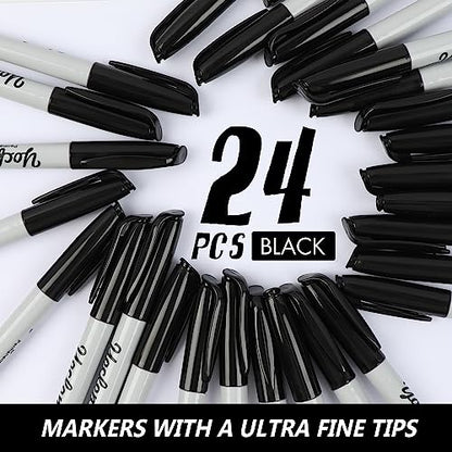 Ultra Fine Point Black Permanent Markers, 24 Pack Ultra Fine Point Black Permanent Marker set, Works on paper, Plastic, Stone, Glass, Metal