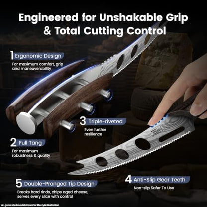SYOKAMI Cheese Knife, 5.5 Inch Serrated Cheese Cutter for Soft and Hard Cheese, Pronged, Multi-Use Non Stick Design, High Carbon German Steel, Full Tang & Ergonomic Handle Design, Ideal Gift