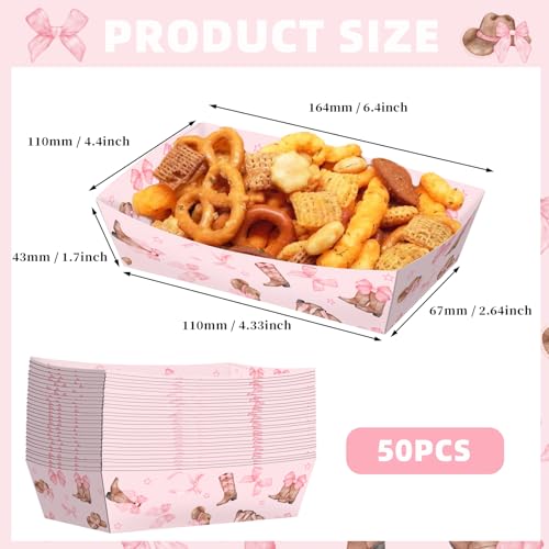 No Folding Required 50 Pack 2 Lb Western Cowgirl Party Favors Large Pink Bow Cowgirl Hat Boot Plates Paper Serving Trays Nachos Food Boats Disposable Bowls for Cowgirl Birthday Party Decorations