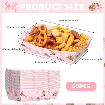 No Folding Required 50 Pack 2 Lb Western Cowgirl Party Favors Large Pink Bow Cowgirl Hat Boot Plates Paper Serving Trays Nachos Food Boats Disposable Bowls for Cowgirl Birthday Party Decorations