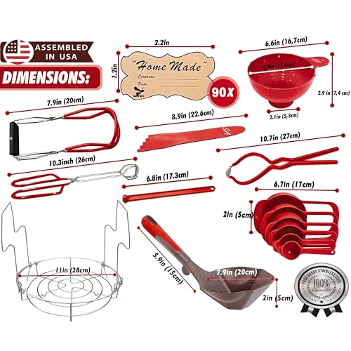 Supa Ant Complete Canning Supplies Starter Kit – 10pc Food-Grade Steel Set with XL Ladle, 6 Measuring Cups, Jar Lifter, Funnel, Canning Rack (7-Jar Capacity) & 90 Labels – Beginner-Friendly, Red - color: Red