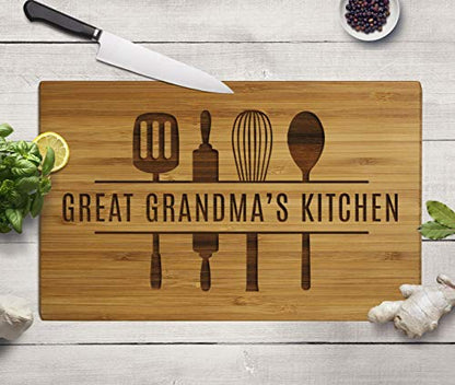 Andaz Press Large Bamboo Wood Cutting Board Gift, 17.75 x 11-inch, Great Grandma's Kitchen, Utensils Graphic, 1-Pack, Laser Engraved Serving Chopping Board Christmas Birthday Chef Kitchen Ideas - color: Great Grandma