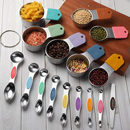 Magnetic Measuring Cups and Spoons Set Including 7 Stainless Steel Heavy Duty Measuring Cup 8 Double Sided Measuring Spoons with 1 Leveler for Dry and Liquid Ingredients (Color) - color: Color