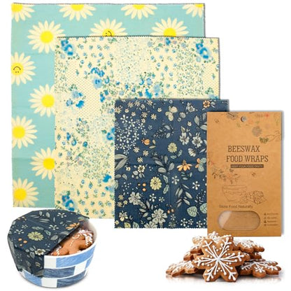 Pack of 3 Food Wraps with Flower Print. Washable Reusable Food Wrap for Sandwiches, Dough Covering. Organic Wraps for Food Reusable