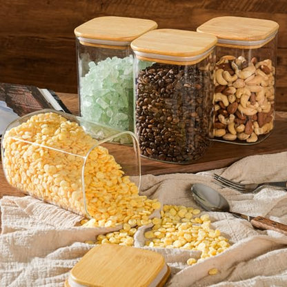 D2scrma 37oz Airtight Glass Square Storage Canisters with Bamboo Lid Set of 6 (1100ml) Stackable Containers, Kitchen Jars for Pantry Noodles, Flour and Coffee beans (‎with Black Lable) - size: 37oz*6