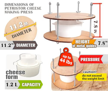 Wooden cheese press diameter 11.2 in and 1 cheese making form 45 oz Pressure up to 50 Pounds colorless