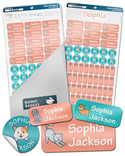 Bunny Badges Personalized Daycare Name Labels for Kids (130 Labels) - Custom Waterproof Name Stickers for Clothing Tags, Water Bottles, Lunch Boxes and School Supplies (Cats) - color: Cats