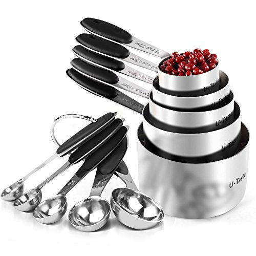 Measuring Cups : U-Taste 18/8 Stainless Steel Measuring Cups and Spoons Set of 10 Piece, Upgraded Thickness Handle(Black) - color: Black
