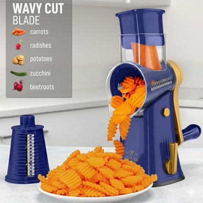 Zulay Kitchen Rotary Cheese Grater 5 Blade Cheese Shredder - Manual Hand Crank Cheese Grater With Reinforced Suction & 5 Interchangeable Drums - Easy to Use, Vegetable Chopper Round Mandoline Slicer - color: Blue and Gold