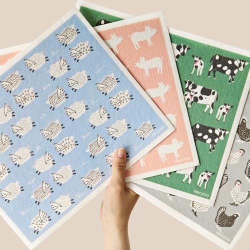 RECYCO Swedish Dishcloths for Kitchen | 4 Pack Oversized Washable Dish Rags | Large Cellulose Reusable Cleaning Paper Towels | Absorbent Counter Dish Cloth Sponge XL Kitchen Wipes, 12" L x 12" W - color: Farmhouse Friends - Xl 4 Pack
