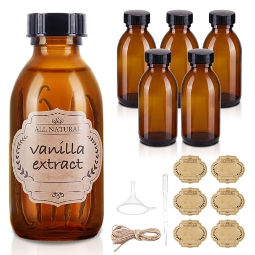 6 Pack 4 oz Amber Glass Bottle with Lids, Small Glass Vanilla Extract Bottles for Homemade Vanilla Extract, Essential Oils, Juice, Potion, Syrup, Christmas, Holiday Gift