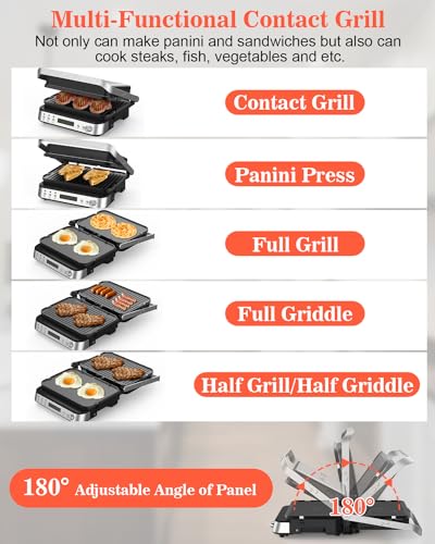 CATTLEMAN Panini Press Grill Sandwich Maker with Removable Plates, 1600W, 5 in 1 Smokeless Indoor Grill & Griddle with Meat Thermometer, Electric Contact Grills for Kitchen, Stainless Steel - color: Silver with Reversible Plates