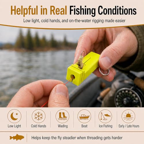 Fly Fishing accessories- Magnetic Fly Threader Bright Orange, 4-Slot Precision Threading Tool for Fly and Ice Fishing, Lightweight Plastic Hook Threader with Keychain for Wading Low Light Cold Hands | Magnetic Fly Threader for Tiny Hook Eyes, Cold Hands,