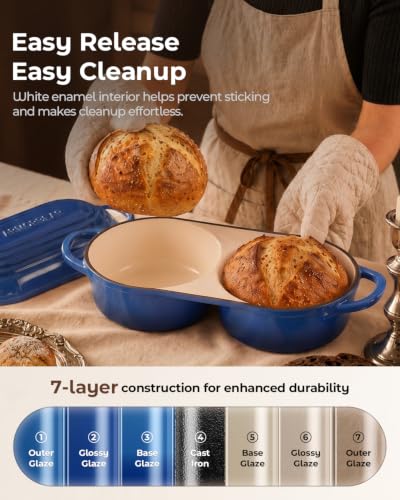 Sourdough Bread Baking Kit with Double Loaf Cast Iron Bread Pan, Blue | Bakes two mini loaves at once with banneton proofing baskets included - color: Blue, size: Double Bread Oven & Baking Kit