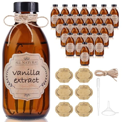 24 Pack 8 OZ Amber Glass Bottles with Lids, Leakproof Glass Bottles for Vanilla extract, Shampoo, Tinctures, Essential Oils, Homemade Hot Sauce, Syrup, Boston Round Brown Bottle - color: Amber