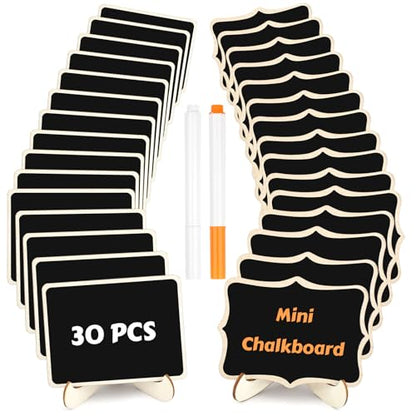 30 Pack Mini Chalkboard Signs, Food Labels for Party Buffet, Small Wooden Chalk Board Signs with Easel Stand & Markers, Reusable, Zero Residue Place Cards for Table Setting or Numbers, Outdoor Indoor - style: Rectangular+Polygonal