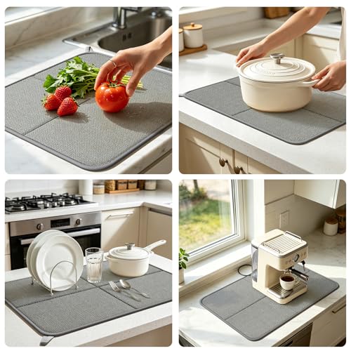 YDKGL Dish Drying Mat for Kitchen Counter, Ultra Absorbent & Fast Drying Dish Mat Machine Washable Foldable Drying Pad for Countertops, Sinks, Draining Racks, Grey - size: 16" x 24"