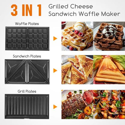 Aigostar Sandwich Maker Panini Press Grill, 3 in 1 Waffle Maker with Removable Non-stick Plates, Electric Grilled Cheese Maker, Portable Cool Touch Handle, Led Indicator Lights & Easy to Clean, 750W - color: Grey