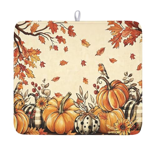 Fall Orange Pumpkin Dish Drying Mat for Kitchen Counter 16 x 18 Inch Autumn Maple Leaf Dish Drainer Mat Absorbent Microfiber Thanksgiving Harvest Dish Rack Pad for Coffee Dining Bar Decor - color: Orange Pumpkin, size: 16" x 18"