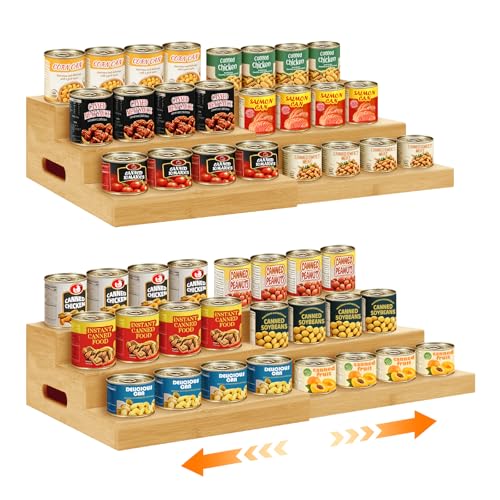 2 Pack Bamboo Expandable Can Rack Organizer for Pantry, Stackable 3 Tier Canned Food Organizers and Storage, Kitchen Cabinet, Food Can Holders Dispensers for Pantry Up To 48 Cans