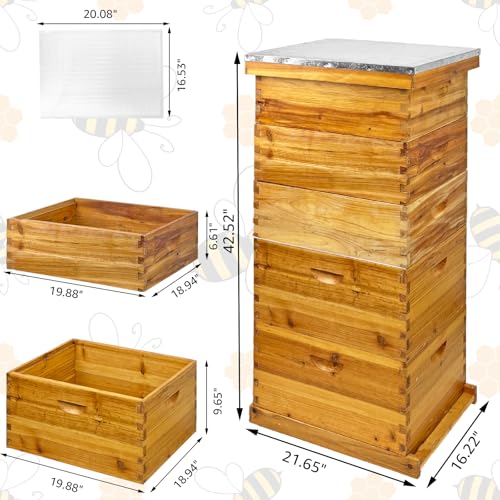 5-Layer Langstroth Beehive Kit, 100% Beeswax Coated Bee Hive with 2 Deep Breeding Boxes and 3 Medium Super Boxes, 10-Frame Wooden Bee House with Waterproof Metal Top, No Frames