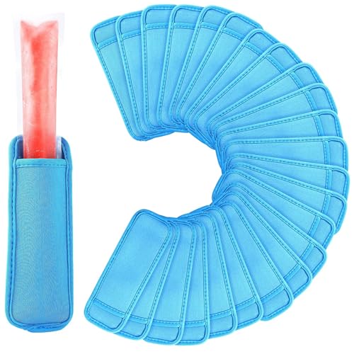 JANYUN 24 Pack Ice Pop Sleeves Popsicle Bags Antifreezing Ice Pop Holder | Blue DIY Elasticity Neoprene Freeze Frozen Pops Holders Yogurt Treats Sleeves Summer Party Favors Classroom School Gifts - color: Blue