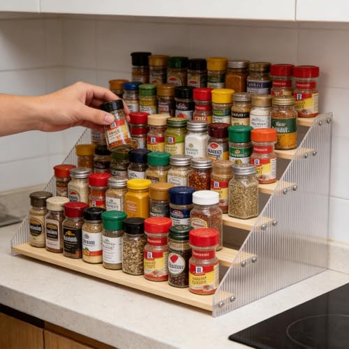Tiered Spice Rack Organizer for Countertop & Cabinet, 6-Tier 19.9in Kitchen Seasoning Storage Shelf, Space Saving Standing Spice Organizer, Wooden & Acrylic, Solid Wood - color: Natural Wood, size: 6-Tier 19.9in