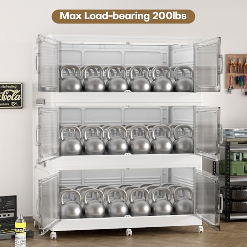 Extra Large Stackable Storage Bins with Lid, 210Gal/840QT Foldable Collapsible Storage Box with Doors, Wheels and Drawers, Plastic Closet Organizer Container for Kitchen, Bedroom, Dorm, 3Pack - size: 70Gal-3Pack