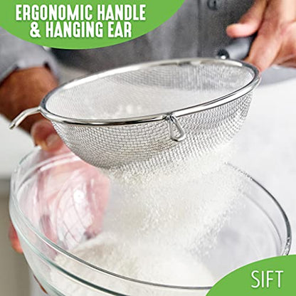 GreenLife Cooking Tools and Utensils, 4 Piece Extra Fine Stainless Steel Mesh Strainer Kitchen Set, Stay Cool Handles, Dishwasher Safe, BPA-Free, Grey - color: Gray, size: 4 Piece Stainless Steel Mesh Strainer Set