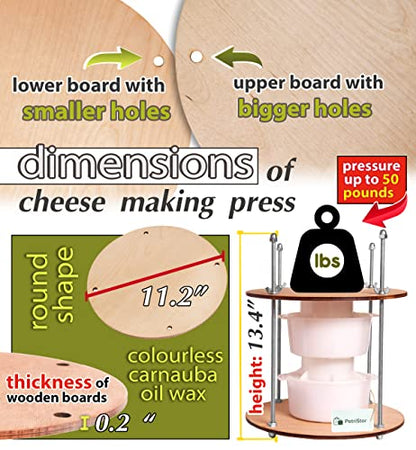 Wooden cheese press diameter 11.2 in and 2 cheese making forms 45 oz Pressure up to 50 Pounds colorless