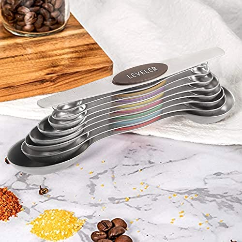 19-Pc Magnetic Measuring Cups and Spoons Set, with Lid, Rainbow | Includes 1 cover, 9 stackable cups set & 9 multicolor magnetic spoons, BPA-free & dishwasher safe, for liquid & dry baking - color: 19 Piece - Rainbow