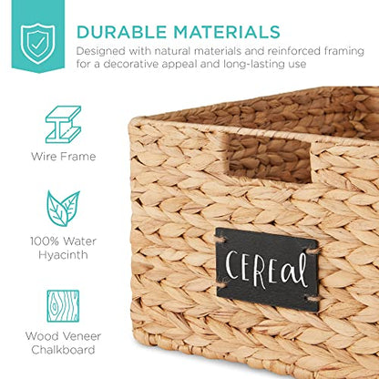 Best Choice Products 식료품 저장실 바구니 40.6 x 30.5cm(16 x 12인치) 워터 히아신스 보관 바구니 2개 세트, 손잡이가 달린 우븐 고리버들 주방 정리함, 칠판 라벨 분필 마커 포함 - 내추럴 - color: 천연, size: 12x16x8in
