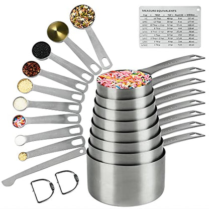 Measuring Cups and Spoons Set, 18/8 Metric & US Stainless Steel 8 Measuring Cups & 9 Spoons with 1 Leveler & 1 Measurement Conversion Chart for Baking & Kitchen - size: B: 8cups+9spoons