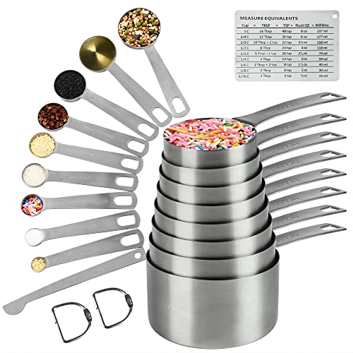 Measuring Cups and Spoons Set, 18/8 Metric & US Stainless Steel 8 Measuring Cups & 9 Spoons with 1 Leveler & 1 Measurement Conversion Chart for Baking & Kitchen - size: B: 8cups+9spoons