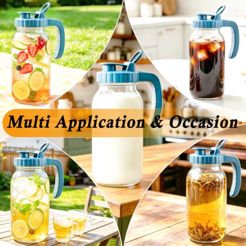 Mason Jar Pitcher 64 Oz With Pour Spout Lid Wide Mouth Glass Water Pitcher | Airtight & Leakproof Water Jug With Ergonomic Handle And Flip Cap Lid For Iced Tea Cold Brew Coffee Juice Lemonade Beverages - color: 64 OZ