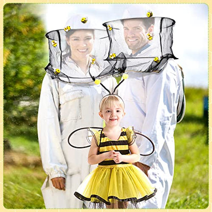 Unittype 22 Pcs Halloween Beekeeper Costume Set Including 2 Bee Keeper Hat and Veil, 10 Wool Felt Bee, 10 Round Double Sided Tape Beekeeper Helmet Bug Insect Hats with Netting for Men Women Adult