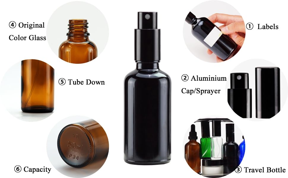 YIZHAO Black Glass Spray Bottles 2oz, with Small Fine Mist Spray, Metal Cap, Refillable for Essential Oil,Travel,Cleaning,Perfume,Aromatherapy,Makeup – 6 Pcs - color: Black, size: 50ml-6