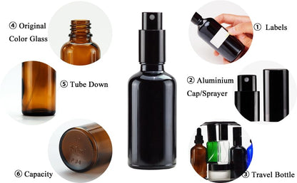 YIZHAO Black Glass Spray Bottles 2oz, with Small Fine Mist Spray, Metal Cap, Refillable for Essential Oil,Travel,Cleaning,Perfume,Aromatherapy,Makeup – 6 Pcs - color: Black, size: 50ml-6